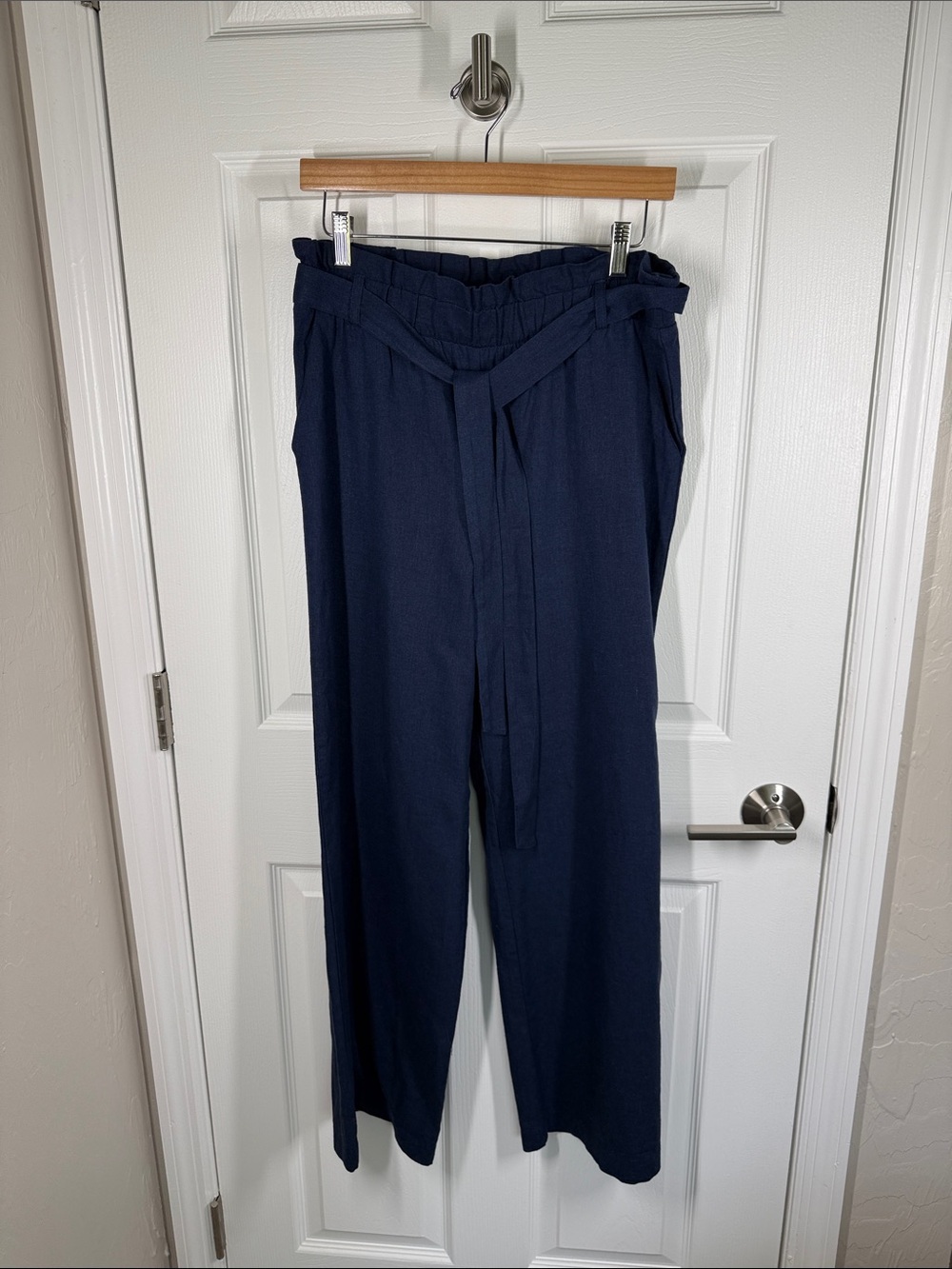 HAVE linen blend navy blue paperbag elastic tie waist wide leg pants size large